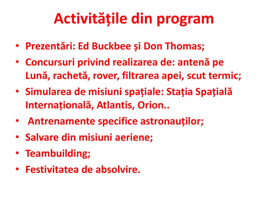 Activitățile din program