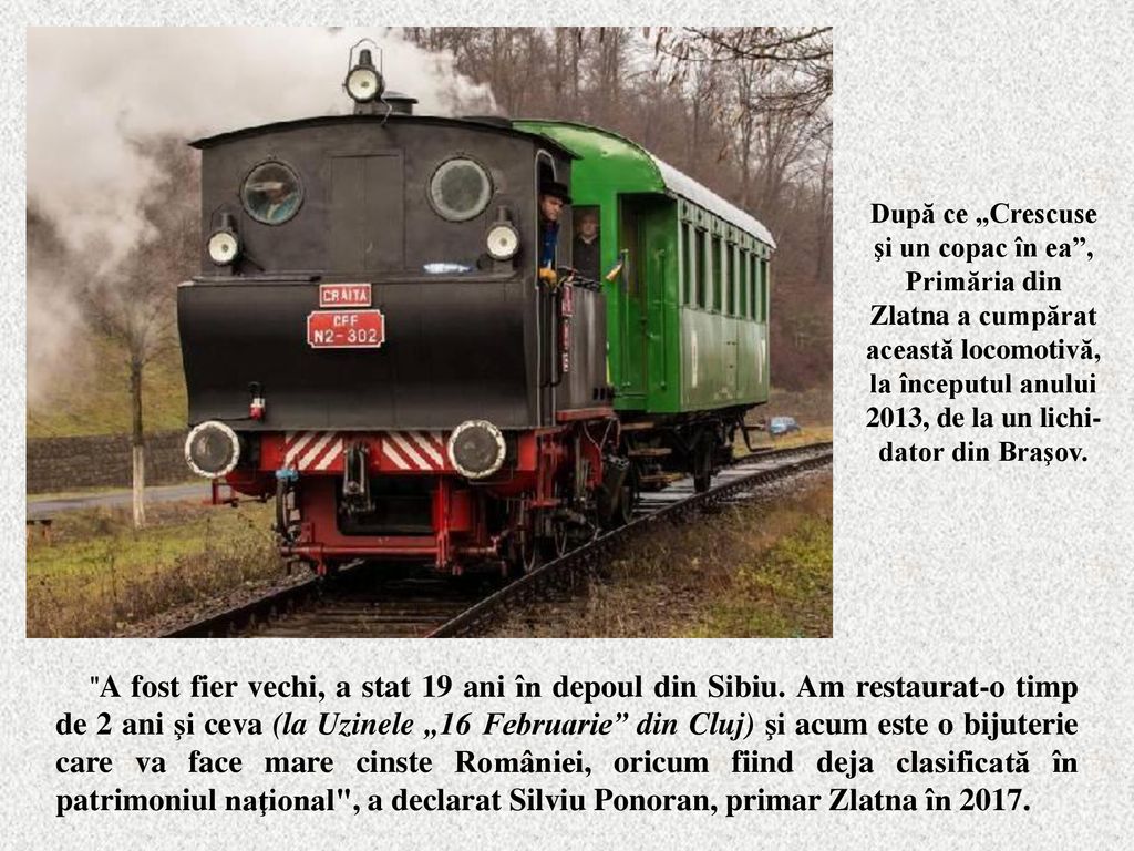 După ce „Crescuse şi un copac în ea , Primăria din Zlatna a cumpărat această locomotivă, la începutul anului 2013, de la un lichi-dator din Braşov.