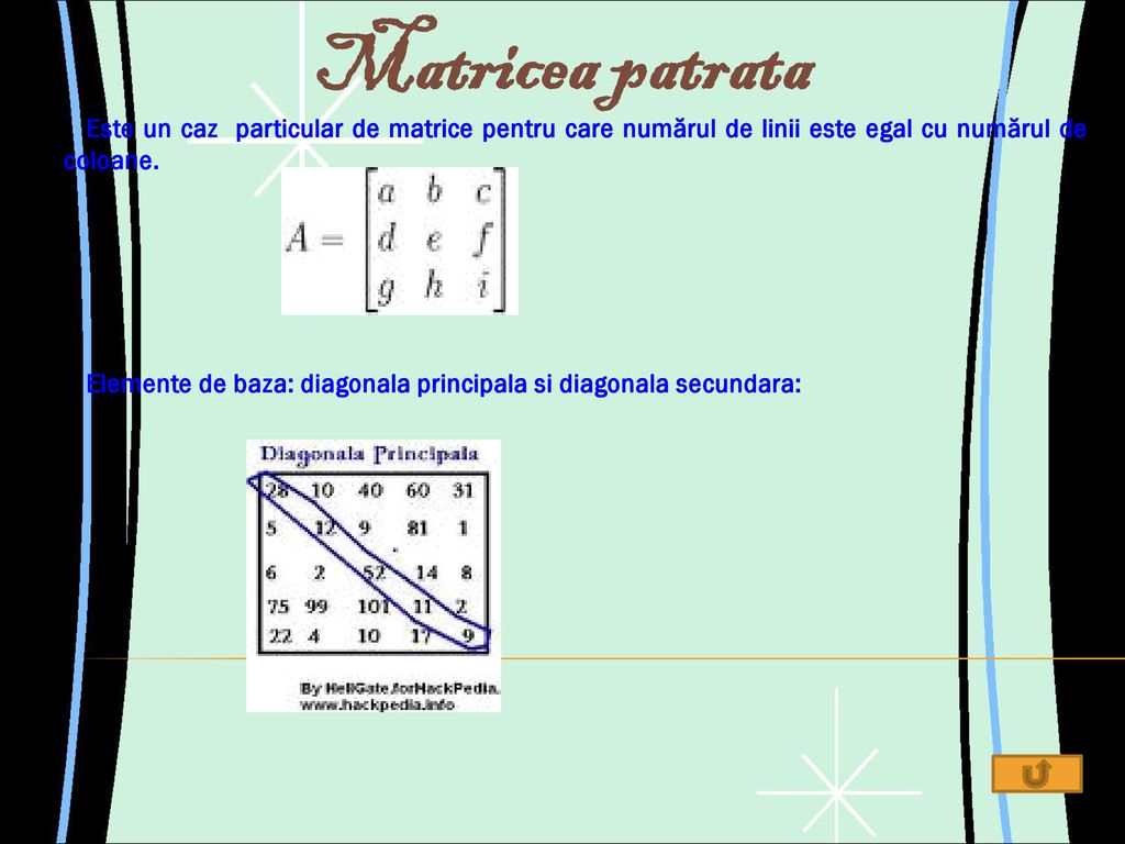 Matricea patrata Este un caz particular de matrice pentru care numărul de linii este egal cu numărul de coloane.