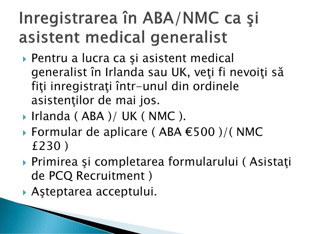 Inregistrarea în ABA/NMC ca şi asistent medical generalist