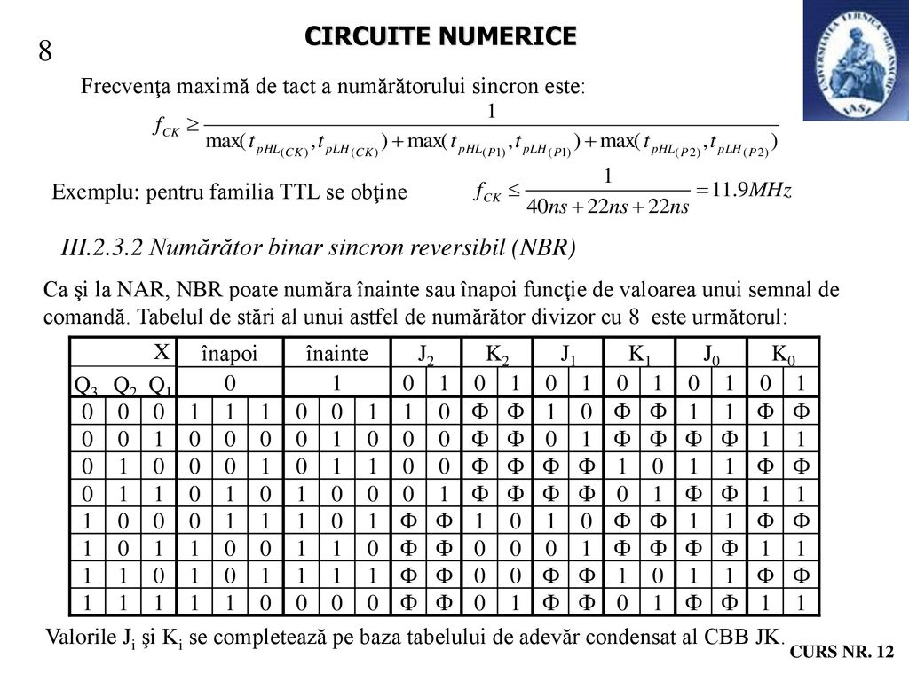 8 CIRCUITE NUMERICE III Numărător binar sincron reversibil (NBR)
