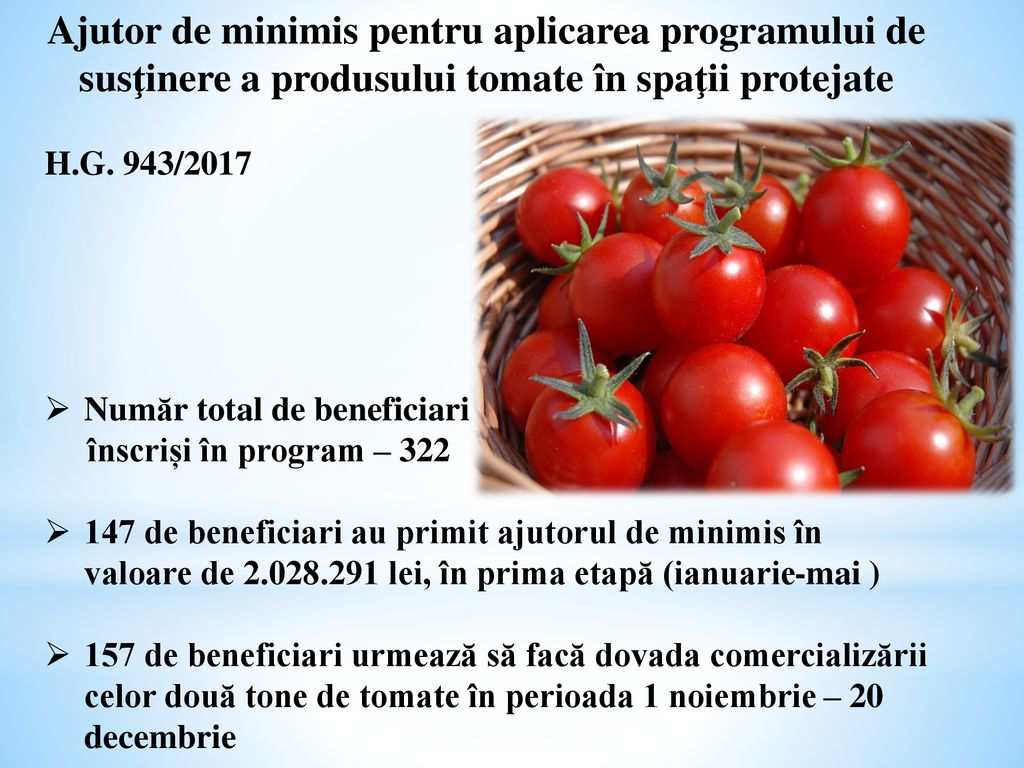 Ajutor de minimis pentru aplicarea programului de susţinere a produsului tomate în spaţii protejate