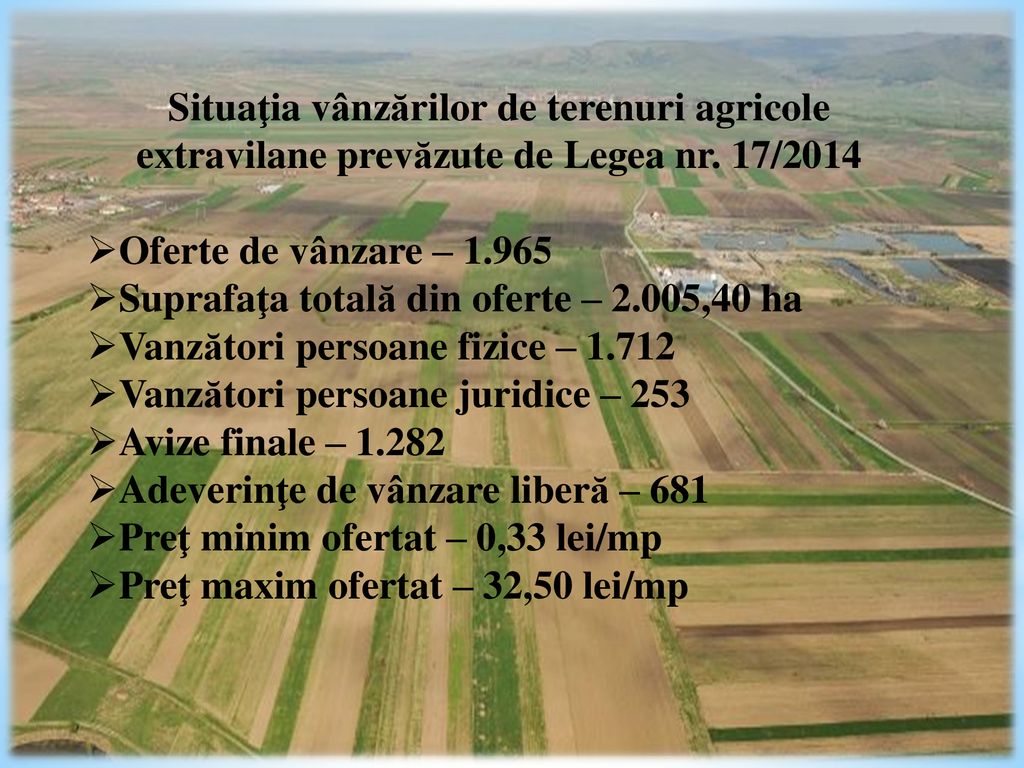 Situaţia vânzărilor de terenuri agricole extravilane prevăzute de Legea nr. 17/2014