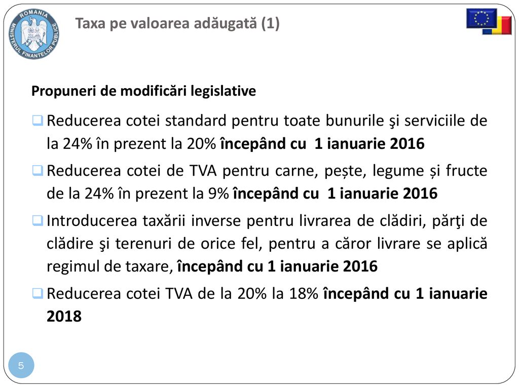 Reducerea cotei TVA de la 20% la 18% începând cu 1 ianuarie 2018