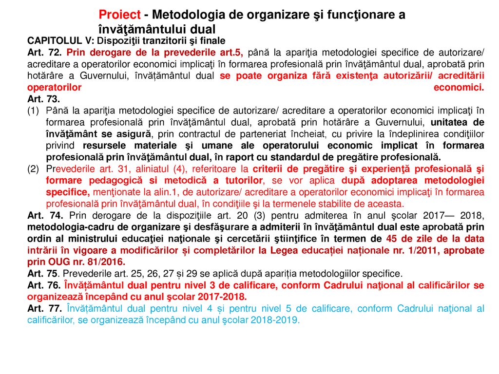 Proiect - Metodologia de organizare şi funcţionare a învăţământului dual