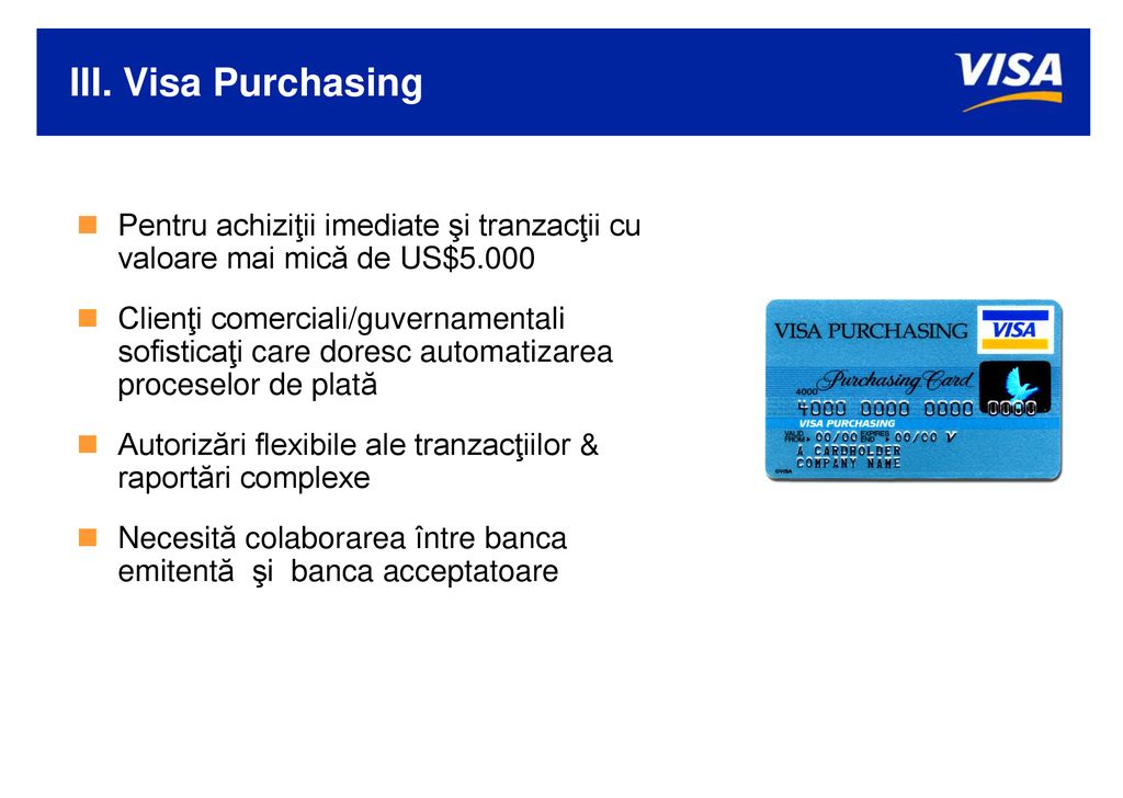 III. Visa Purchasing Pentru achiziţii imediate şi tranzacţii cu valoare mai mică de US$