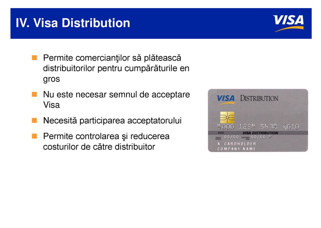 IV. Visa Distribution Permite comercianţilor să plătească distribuitorilor pentru cumpărăturile en gros.