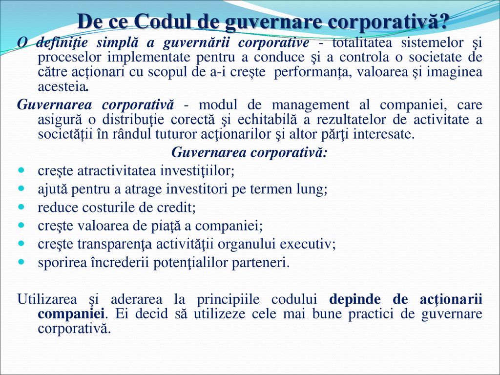 De ce Codul de guvernare corporativă