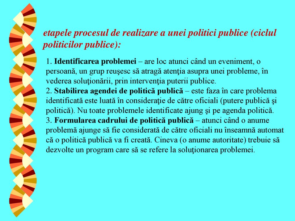 etapele procesul de realizare a unei politici publice (ciclul politicilor publice):