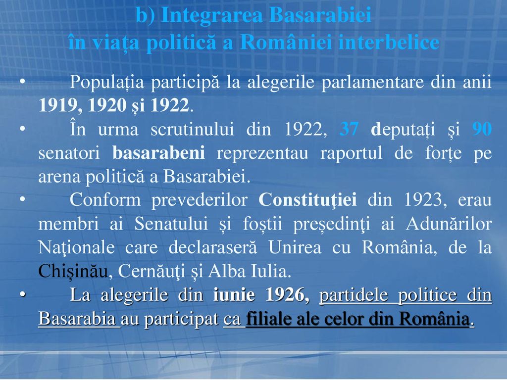b) Integrarea Basarabiei în viața politică a României interbelice