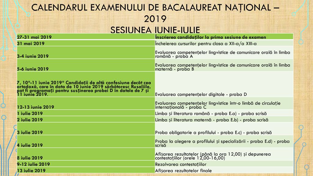 CALENDARUL EXAMENULUI DE BACALAUREAT NAȚIONAL – 2019 SESIUNEA IUNIE-IULIE