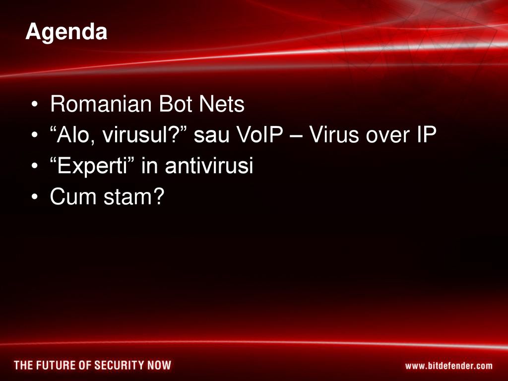 Agenda Romanian Bot Nets Alo, virusul sau VoIP – Virus over IP Experti in antivirusi Cum stam