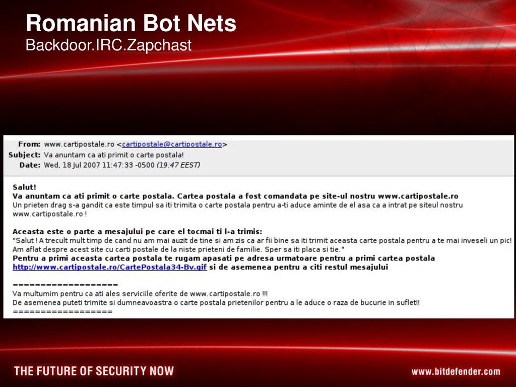 Romanian Bot Nets Backdoor.IRC.Zapchast