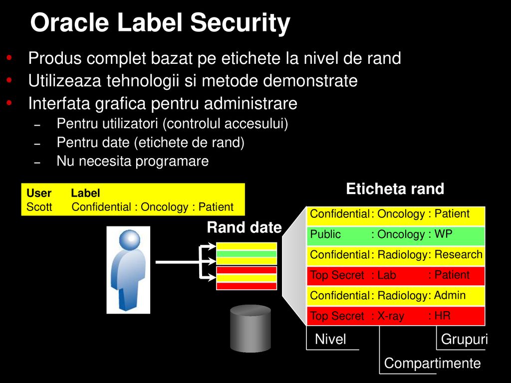 Oracle Label Security Produs complet bazat pe etichete la nivel de rand. Utilizeaza tehnologii si metode demonstrate.