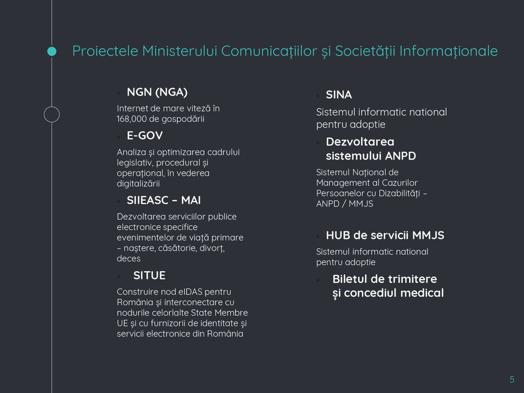 Proiectele Ministerului Comunicațiilor și Societății Informaționale