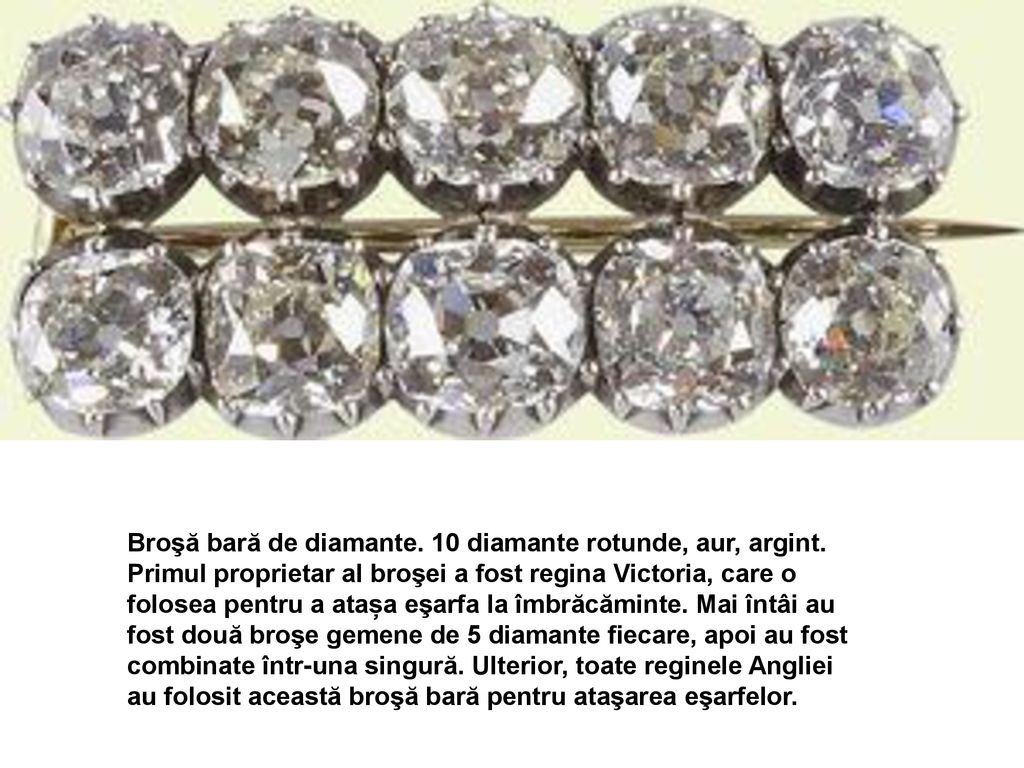 Broşă bară de diamante. 10 diamante rotunde, aur, argint