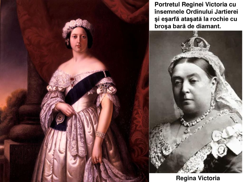 Portretul Reginei Victoria cu însemnele Ordinului Jartierei şi eşarfă ataşată la rochie cu broşa bară de diamant.