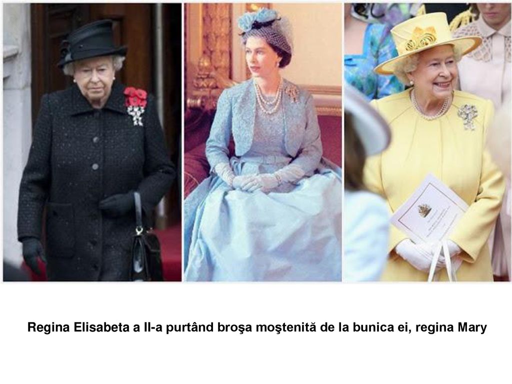 Regina Elisabeta a II-a purtând broşa moştenită de la bunica ei, regina Mary