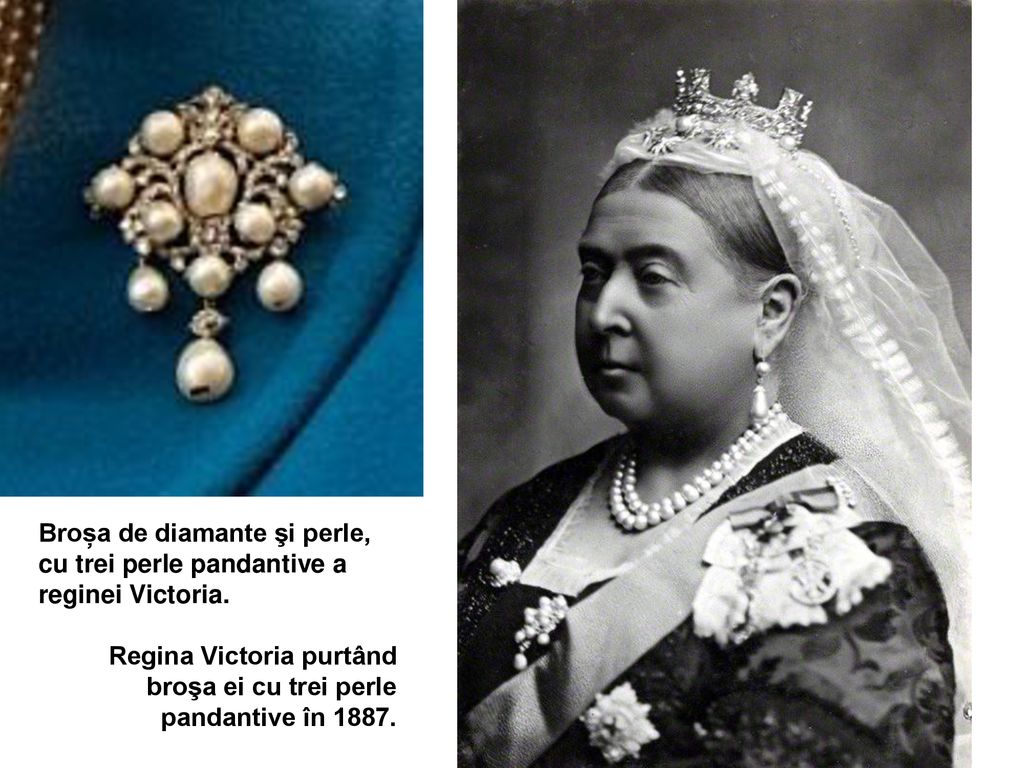 Broșa de diamante şi perle, cu trei perle pandantive a reginei Victoria.