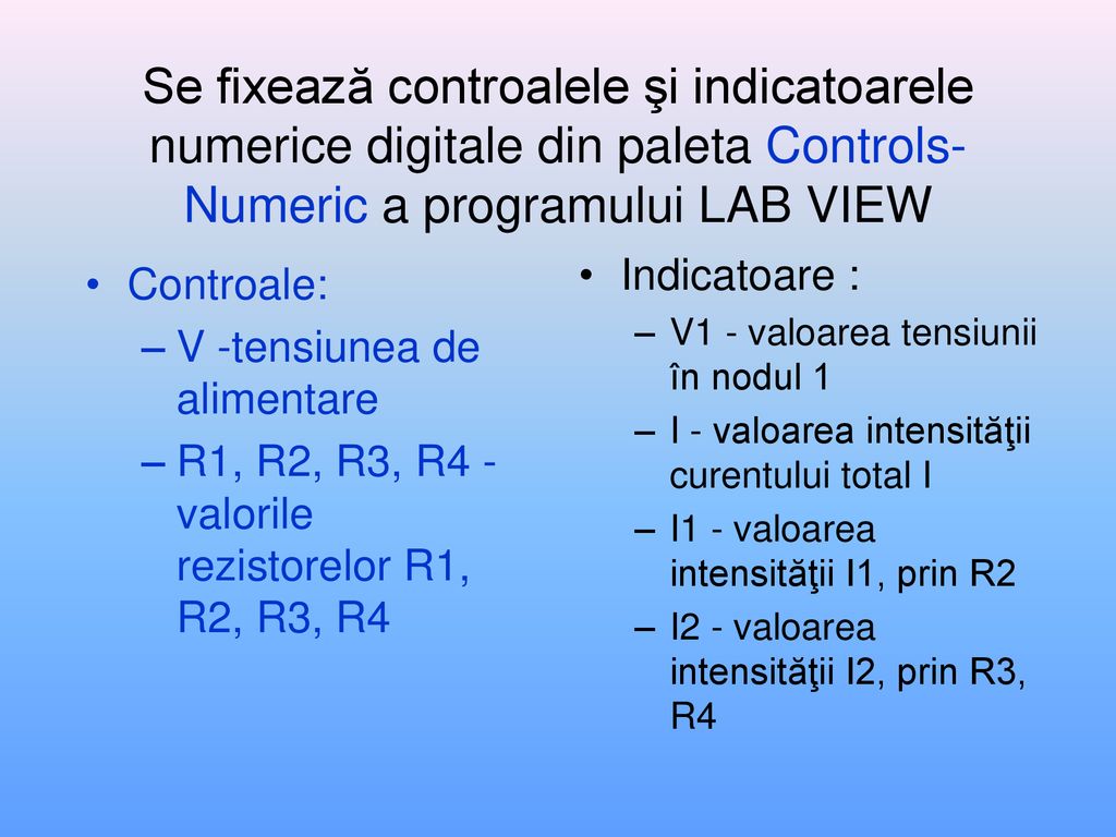 Se fixează controalele şi indicatoarele numerice digitale din paleta Controls- Numeric a programului LAB VIEW