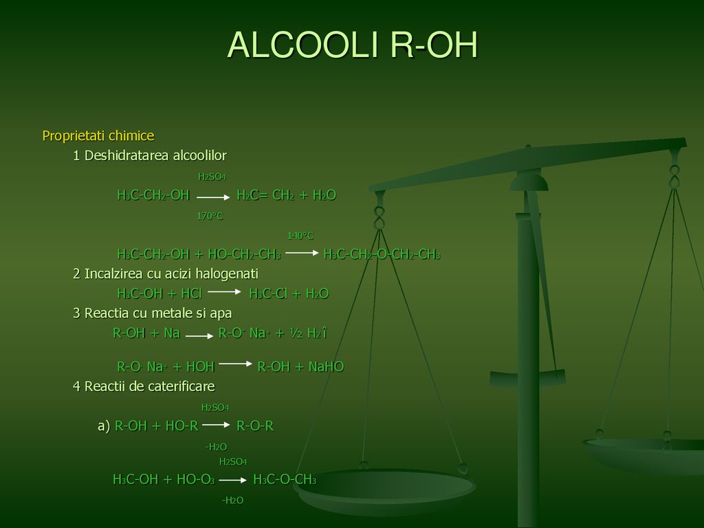 ALCOOLI R-OH Proprietati chimice 1 Deshidratarea alcoolilor H2SO4
