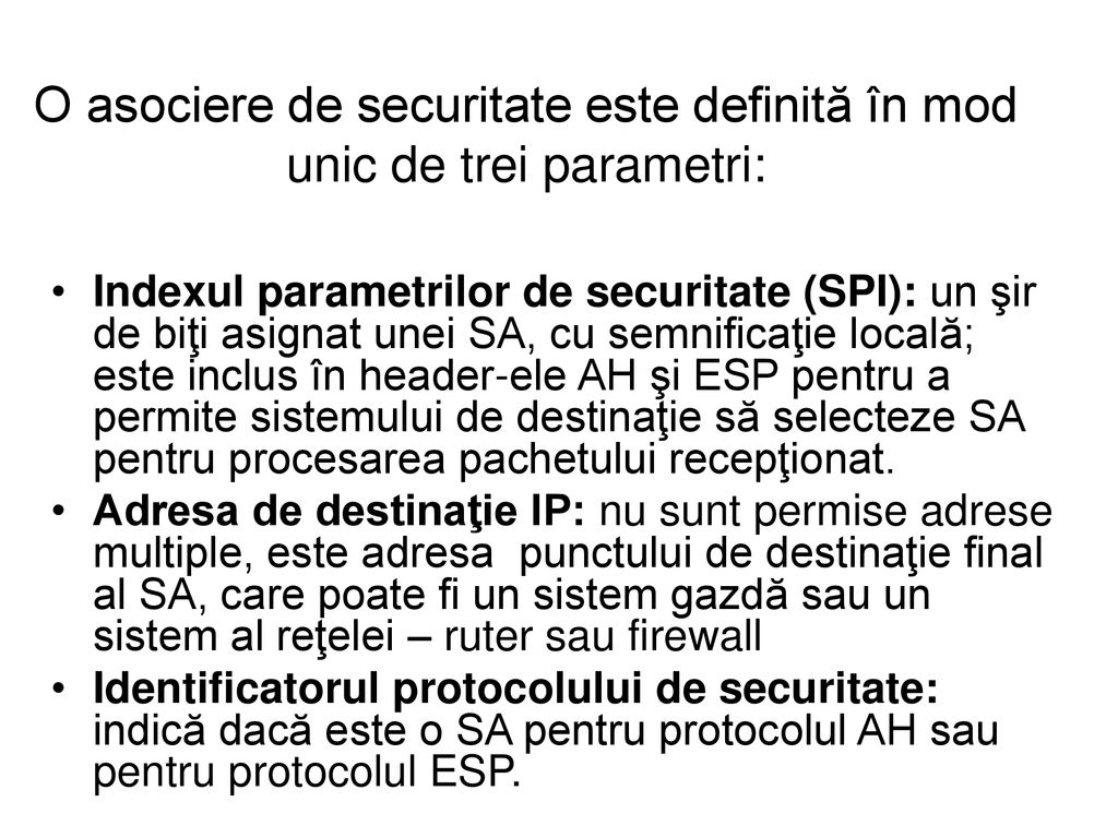 O asociere de securitate este definită în mod unic de trei parametri: