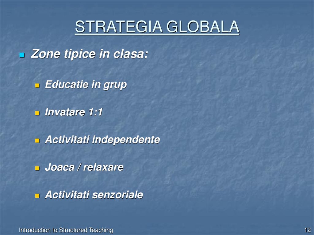 STRATEGIA GLOBALA Zone tipice in clasa: Educatie in grup Invatare 1:1