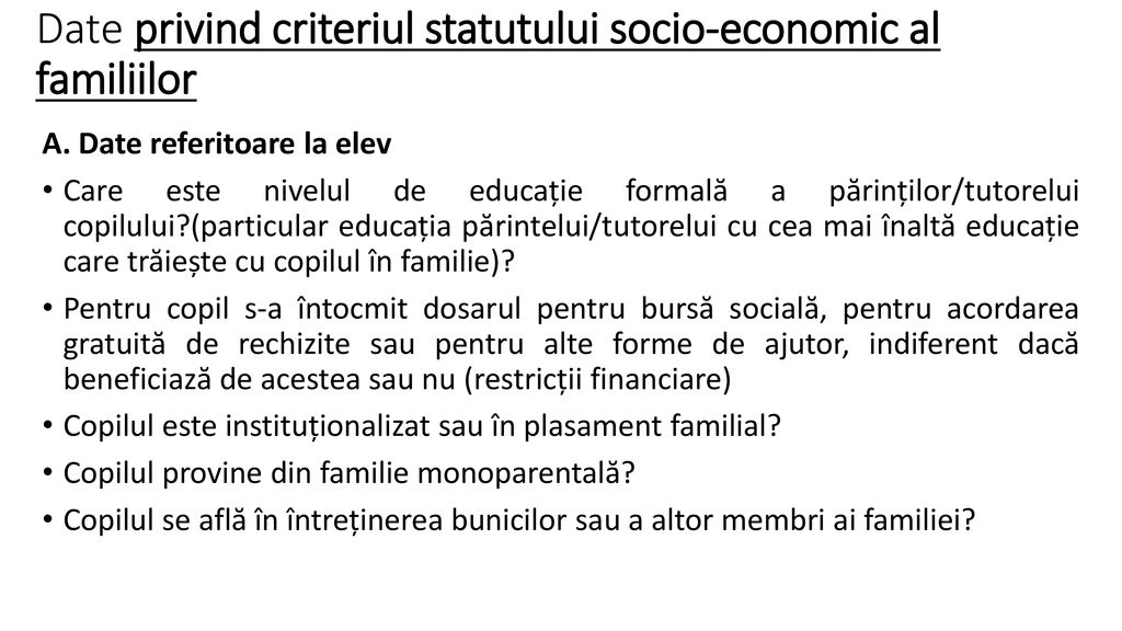 Date privind criteriul statutului socio-economic al familiilor