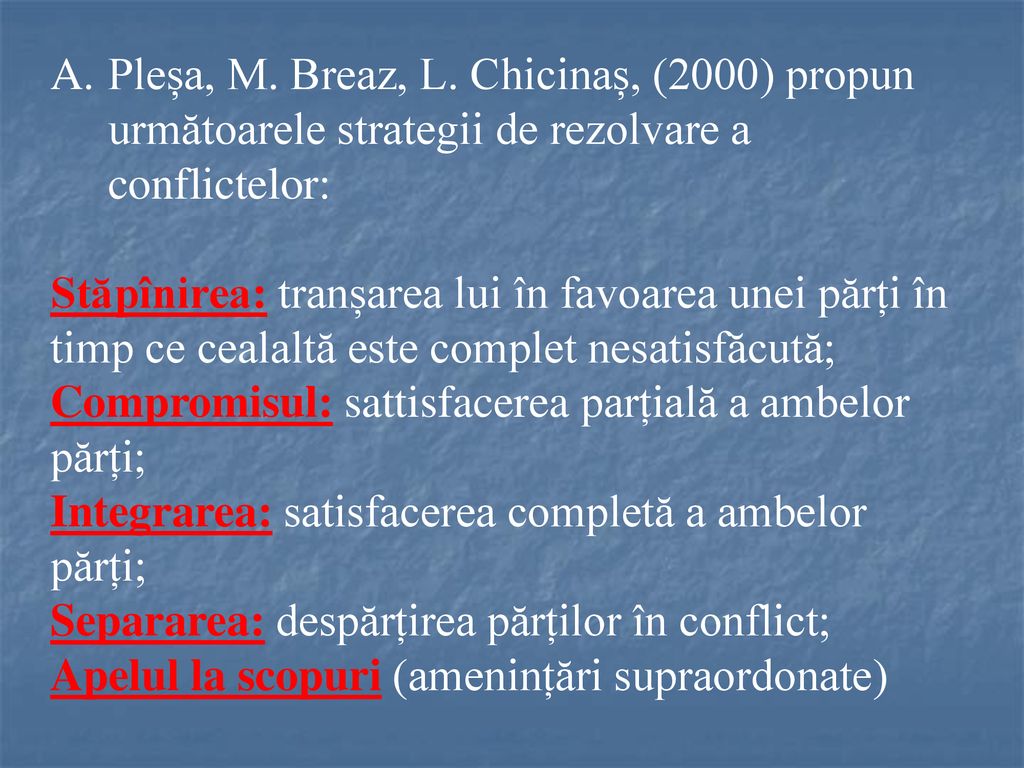 Pleșa, M. Breaz, L. Chicinaș, (2000) propun următoarele strategii de rezolvare a conflictelor: