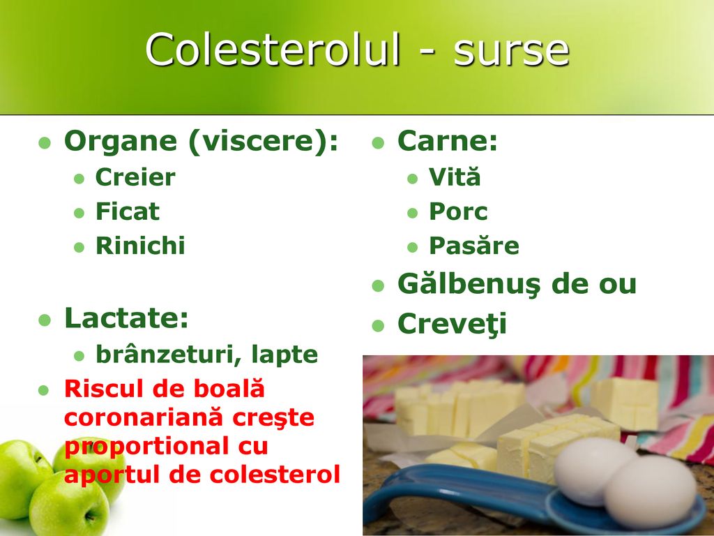 Colesterolul - surse Organe (viscere): Lactate: Carne: Gălbenuş de ou