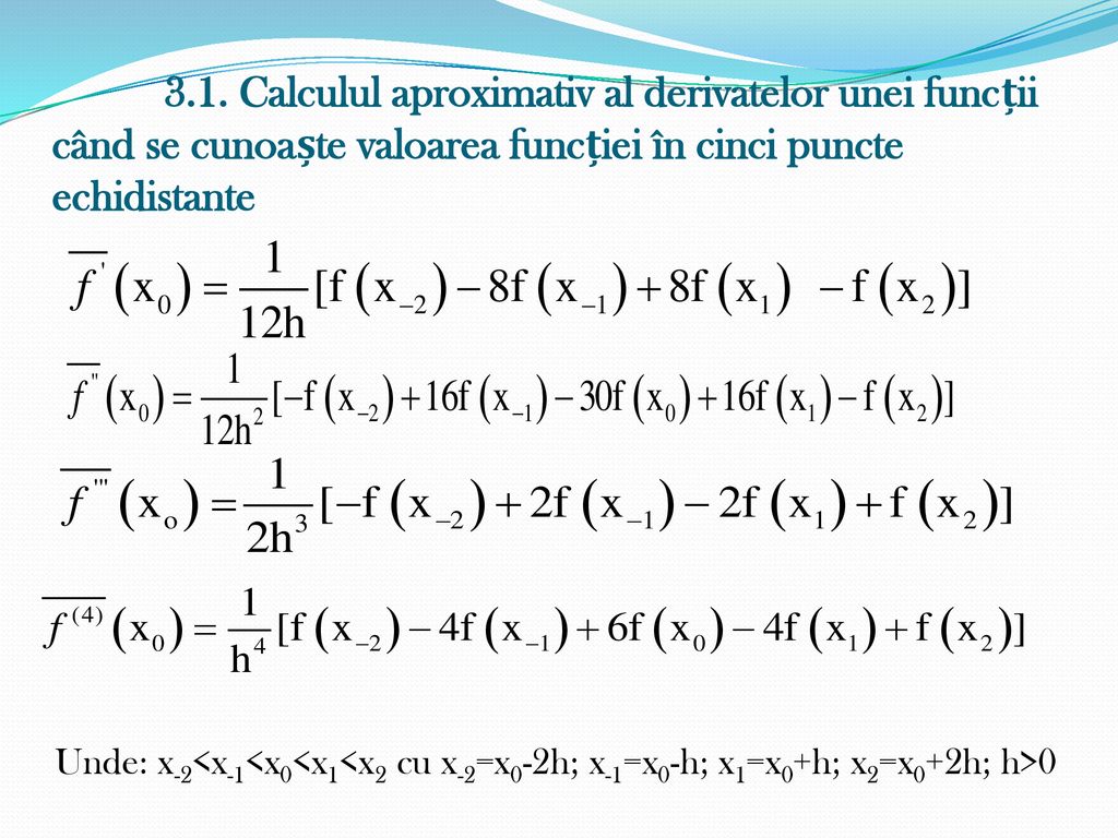 3.1. Calculul aproximativ al derivatelor unei funcții când se cunoaște valoarea funcției în cinci puncte echidistante