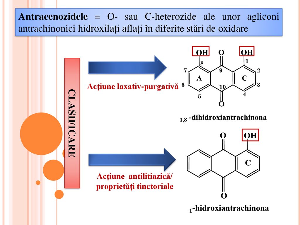 Antracenozidele = O- sau C-heterozide ale unor agliconi antrachinonici hidroxilați aflați în diferite stări de oxidare