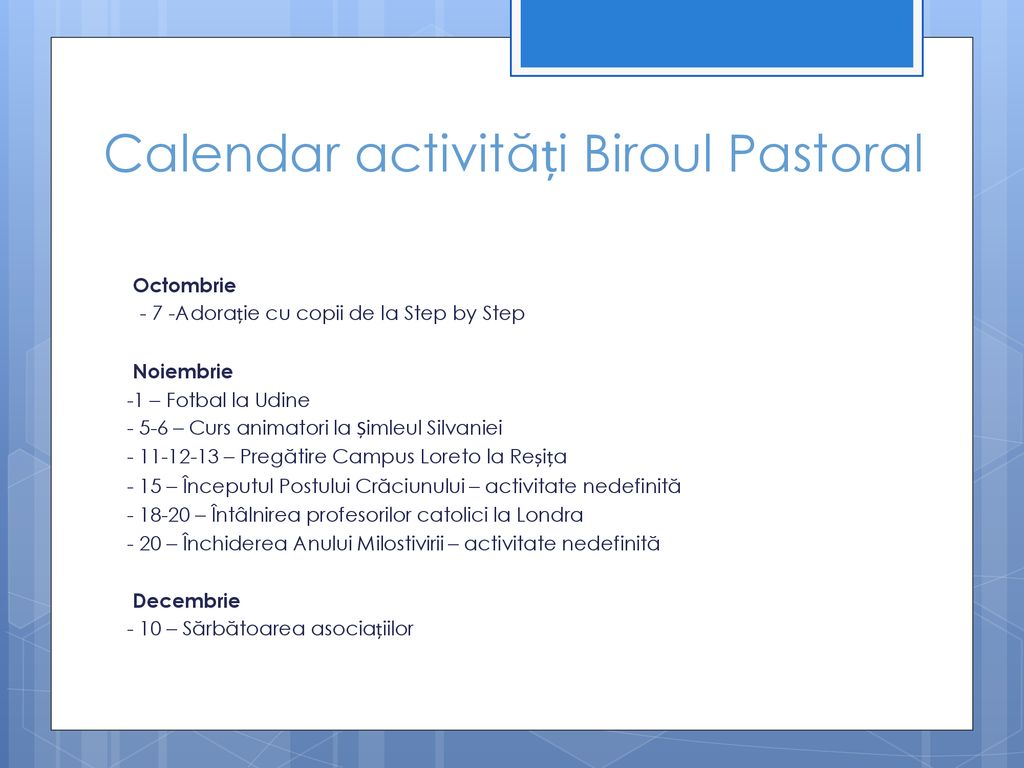 Calendar activități Biroul Pastoral