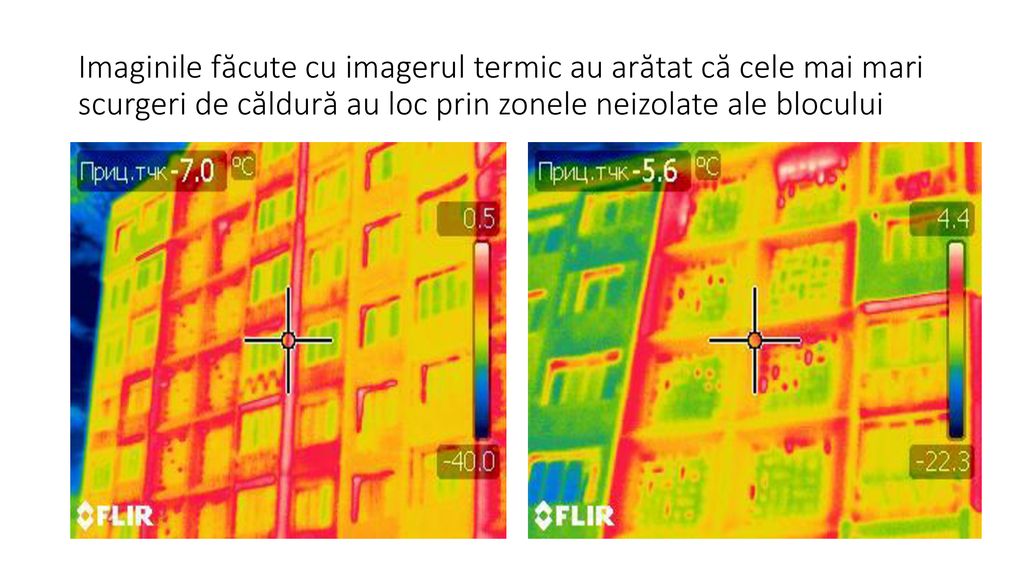 Imaginile făcute cu imagerul termic au arătat că cele mai mari scurgeri de căldură au loc prin zonele neizolate ale blocului