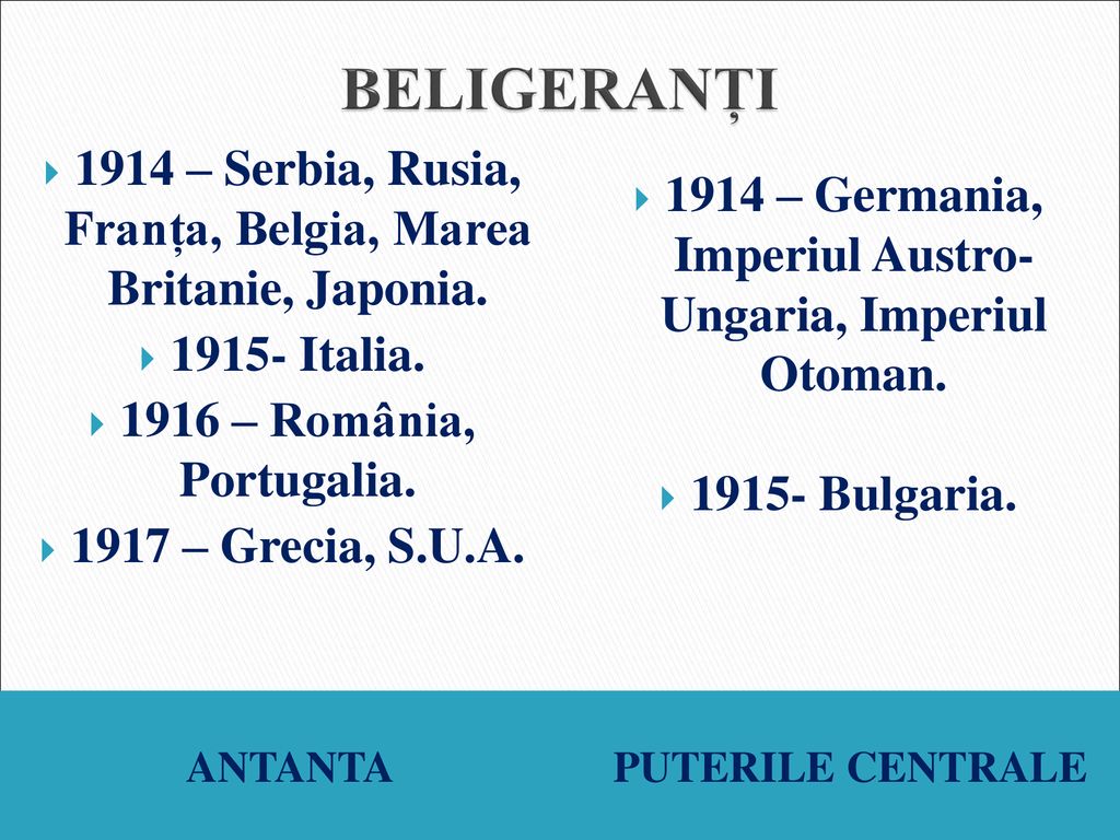 BELIGERANȚI 1914 – Serbia, Rusia, Franța, Belgia, Marea Britanie, Japonia Italia – România, Portugalia.