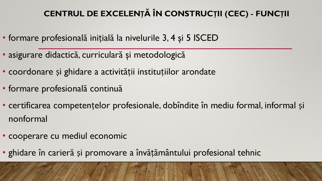 Centrul de excelență în construcții (CEC) - funcții